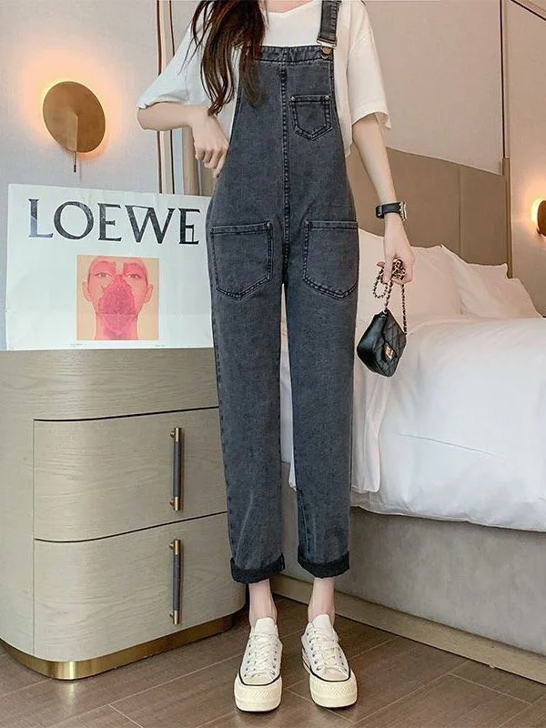 Luźne damskie ogrodniczki dżinsowe z wysokim stanem, niebieskie, codzienne, jesienne, nowość, odmładzające, modne spodnie cargo.