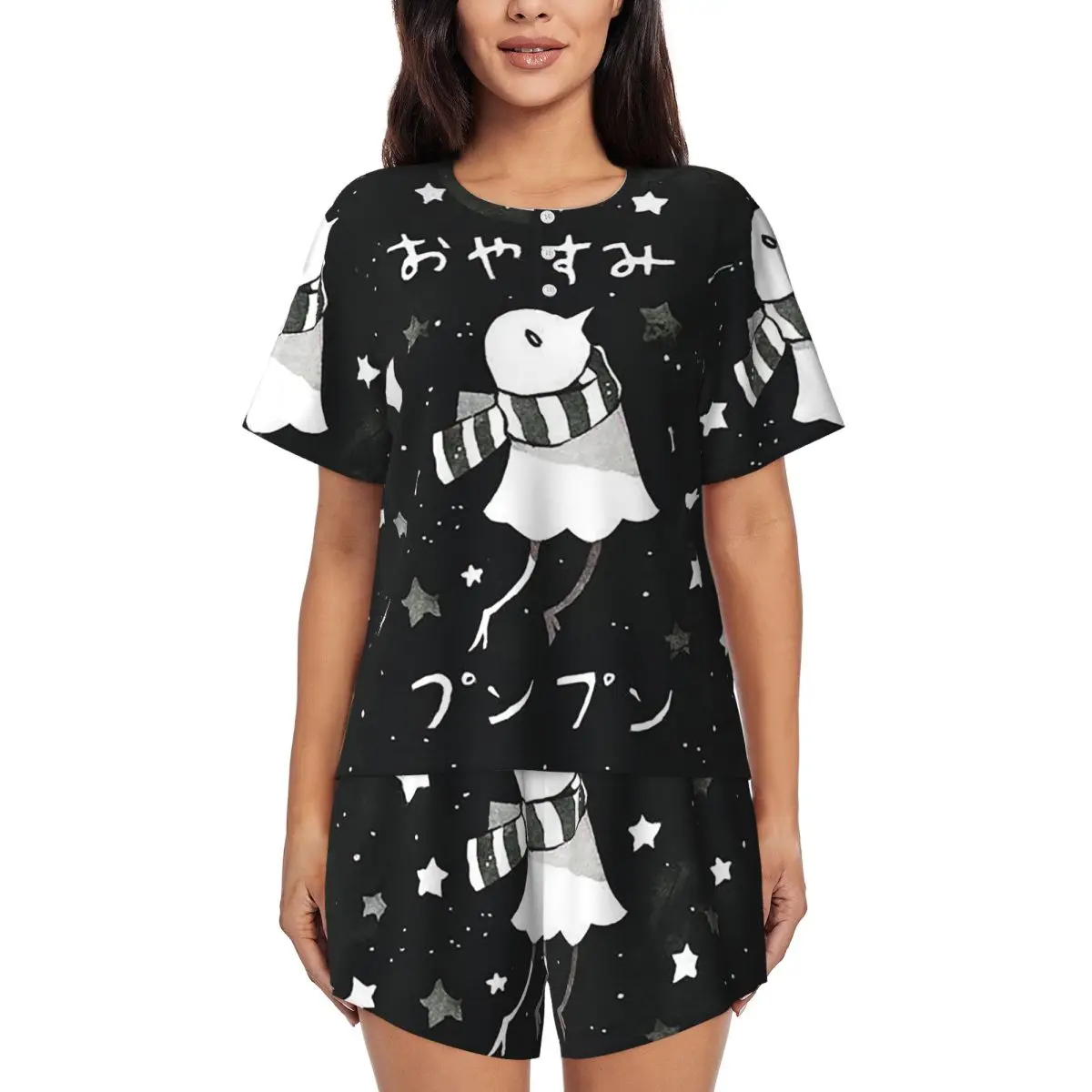 

Oyasumi Punpun Cartoon Manga Round Neck Short Sleeve Nightgowns for Sleeping Sleepshirts Women Soft Pajama Set Short Pants