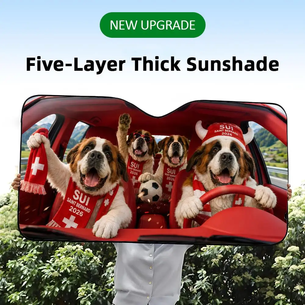 A five-layer thick car windshield sunshade with a funny graphic print of Saint Bernard dogs throwing a soccer party.