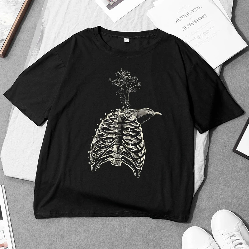 T-shirt da donna con stampa grafica teschio, magliette estetiche casual larghe, punk Harajuku vintage americano, top sexy, grunge anni '90, moda