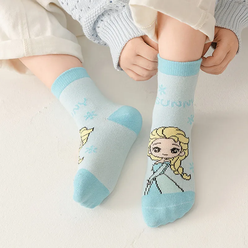 5 paia di calzini Disney Anime Frozen Calzini per bambini in cotone blu Elsa Kawaii 1-12 anni Calzini per ragazza principessa Regali per bambini