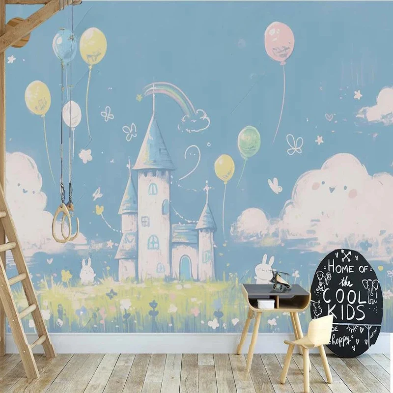 Custom Any Size Mural Wallpaper Modern Light Blue Hand Painted Castle Elk Cartoon Wall Painting Home Decor Papel De Parede 3D