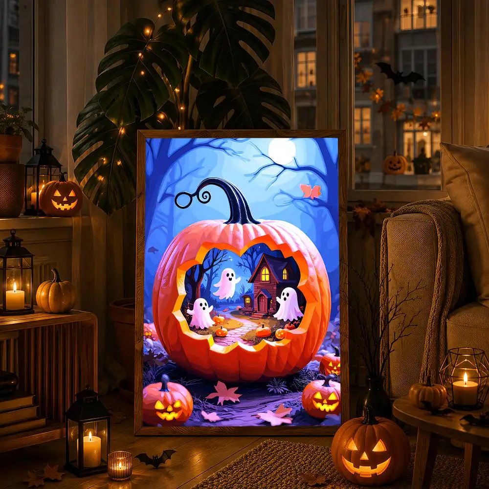 Halloween Pumpkin Ghost HD Wall Art Poster Jack O Lantern Black Cat Witch Haunted House Spooky Night Home Decor Gift