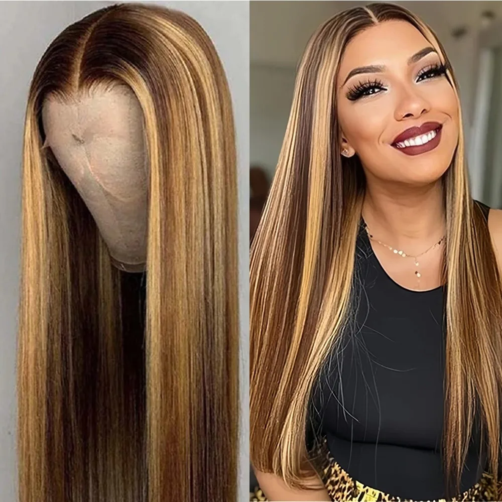 

13x6 Highlight Ombre Lace Front 4/27 Цветные прямые 100% человеческие волосы 30 36 дюймов Медовый блондин Hd Парики фронта шнурка Плотность 200