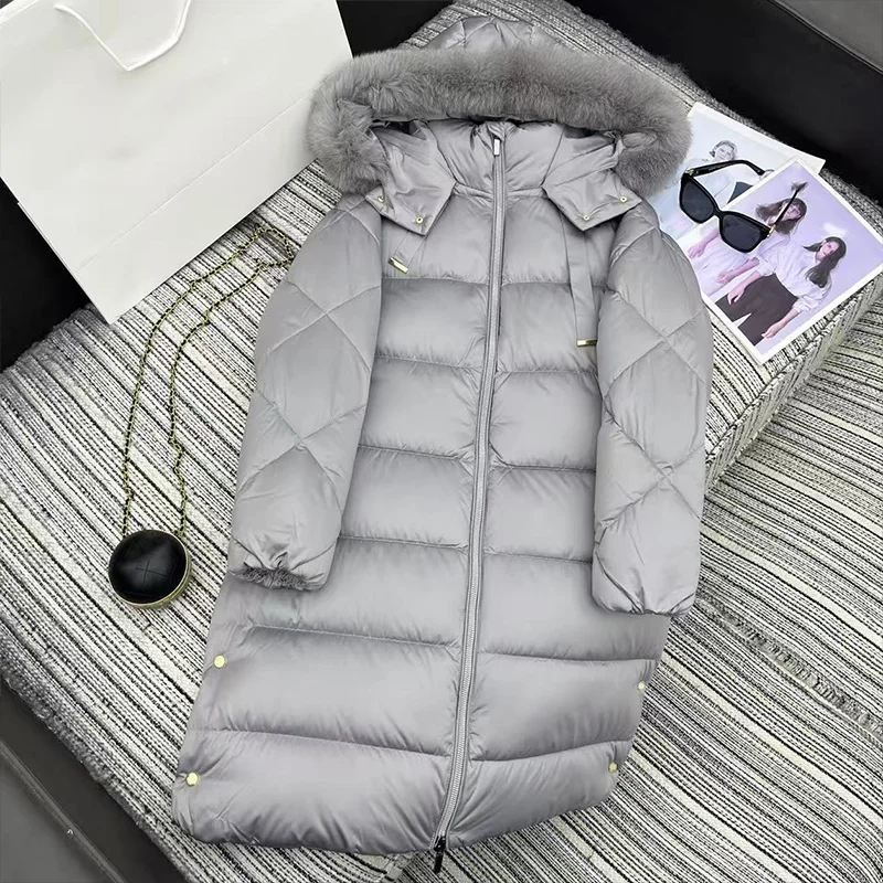 

High quality Women's winter hooded mid length cotton jacket with fur collar woman white goose down coat 251209128