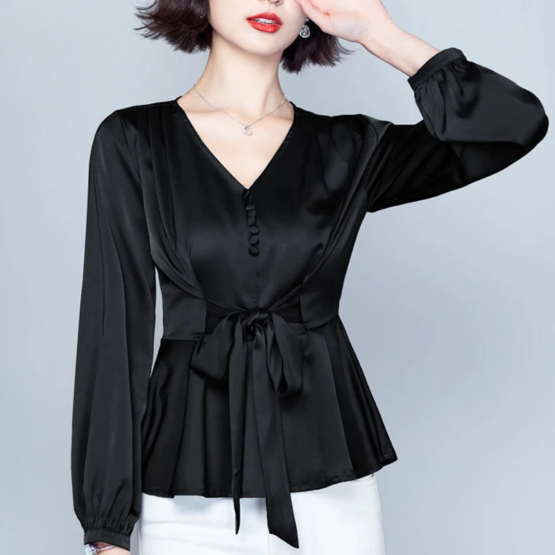 Nieuwe Lente Herfst Damesmode Elegante Veters Blouses Office Lady Casual V-Hals Slanke Shirts Zwart Lange Mouw Tops Blusa Mujer