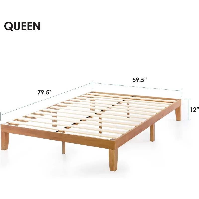 Naturalista Classic - 12 Inch Solid Wood Platform Bed with Wooden Slats, No Box Spring Needed, Easy Assembly, Queen, Pine