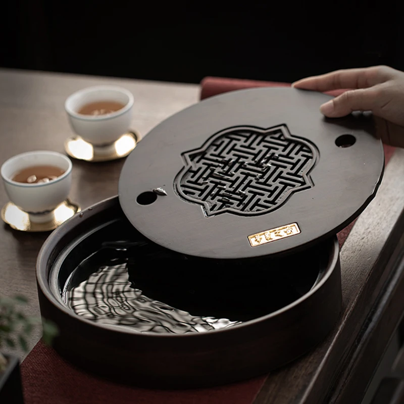 Round Carbonized Bamboo Tea Tray Chinese Simple Household Water Storage Type Small Tea Sea Drainage Dry Brewing Tray