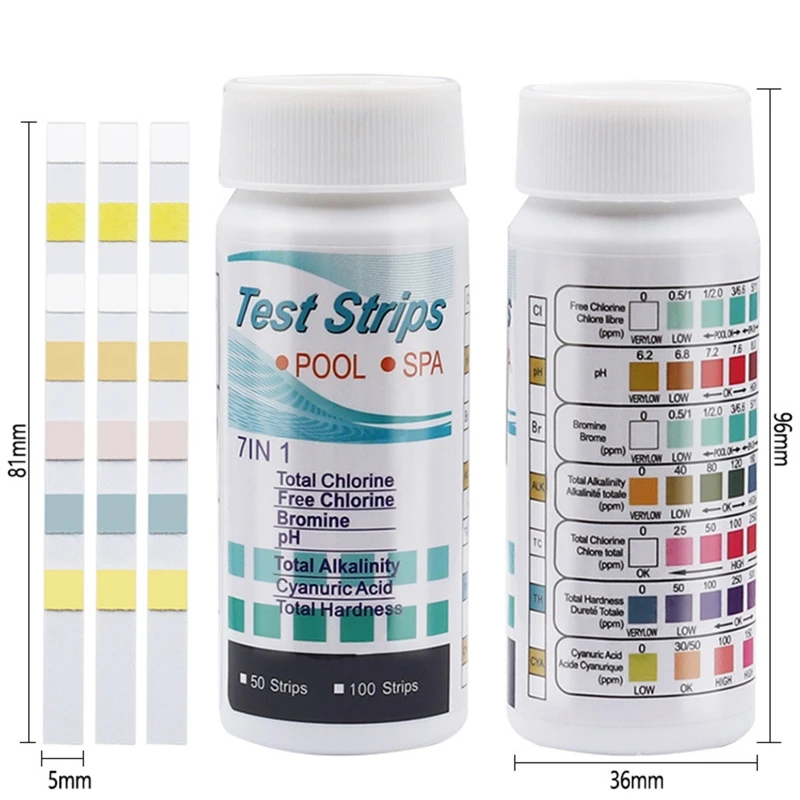 7 WAY สระว่ายน้ำชุดทดสอบสำหรับคลอรีนโบรมีนความเป็นด่าง pH ความแข็ง & Cyanuric Acid สารเคมีเครื่องทดสอบแถบ 45BE
