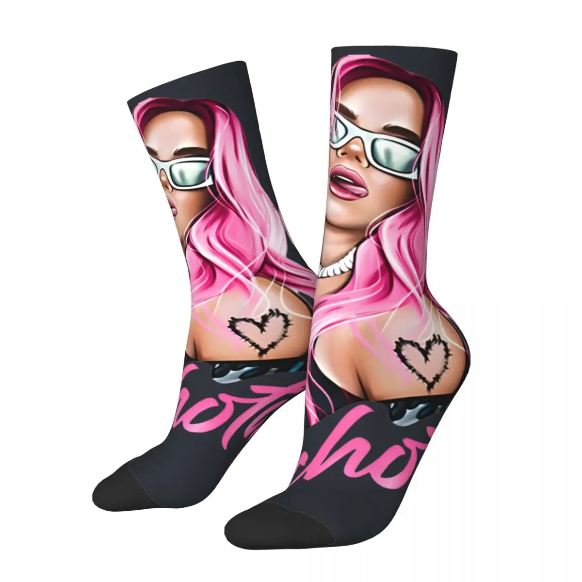 Hip Hop Vintage Pink Hair Illustration With Bichota Word Crazy Men's graphic socks Unisex KAROL G Street Style Printed Boys Gift