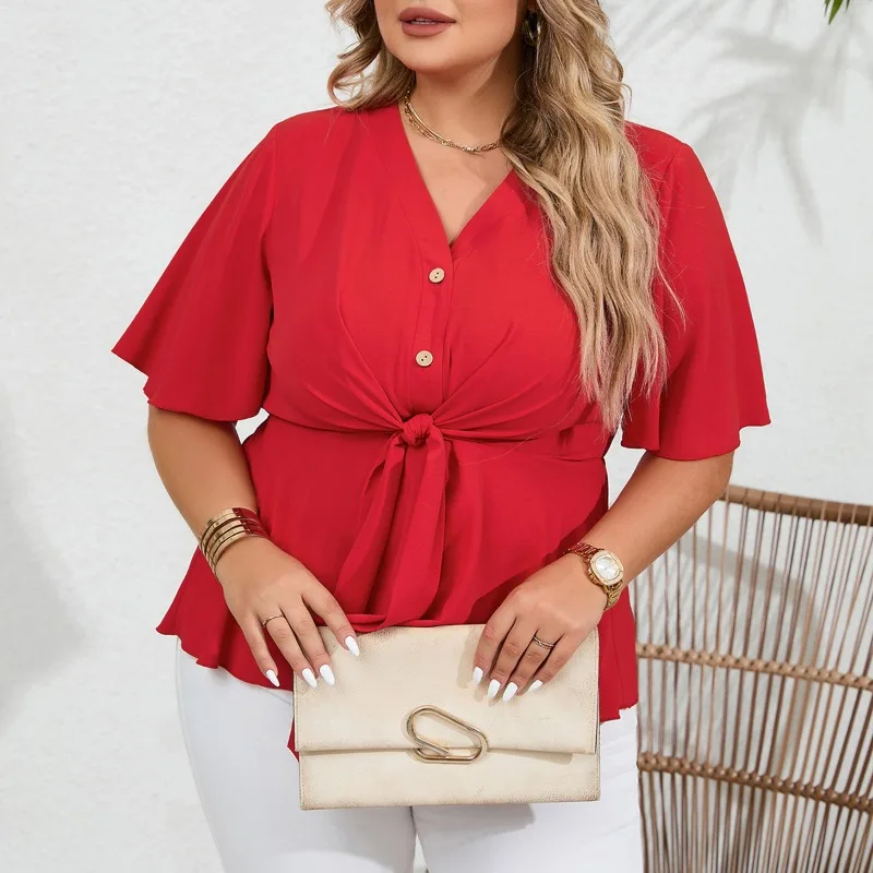 

Summer European American Women's Slim Tops New Solid Color V-neck Blouses Short Sleeve Single Breasted Oversized Tied Shirts