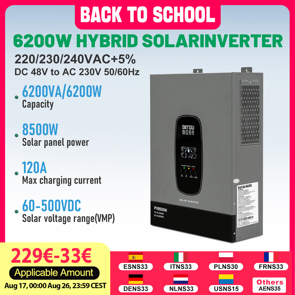 DATOUBOSS 48V 6200W Hybrid Solar Inverter with MPPT Charger DC 48V to AC 230V 50/60Hz with MPPT Charge Controller for Home Off Grid System