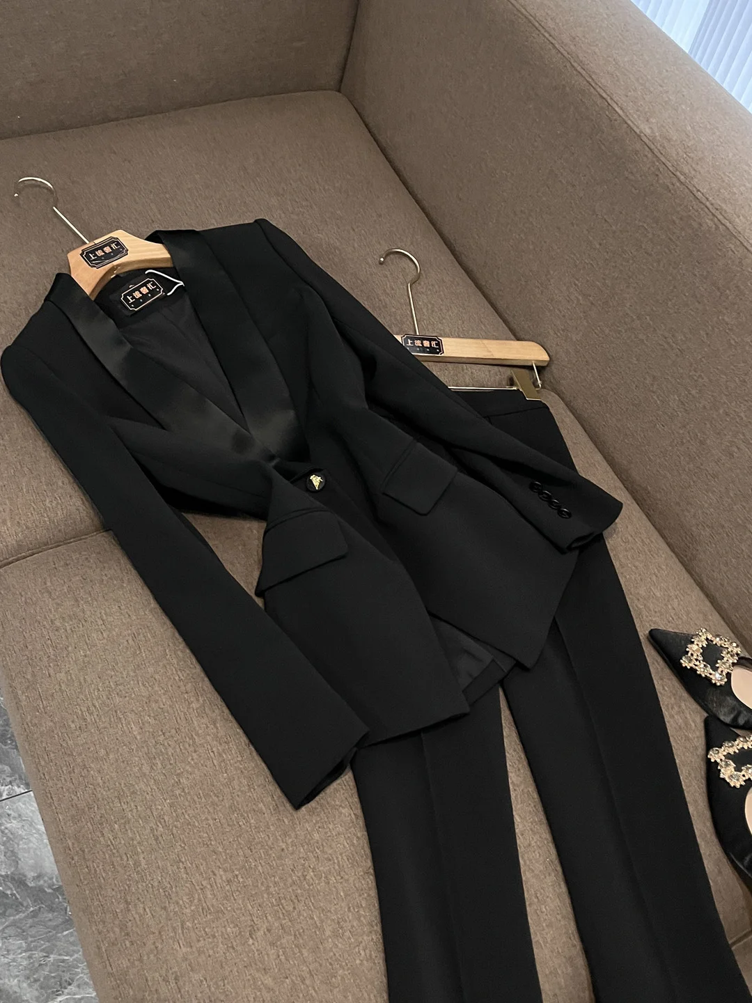 Ele Acetat-Kragen-Anzug-Set für Damen, Executive Sle, professionelles Outfit, schlankmachende Hose mit weitem Bein, Bürokleidung X33