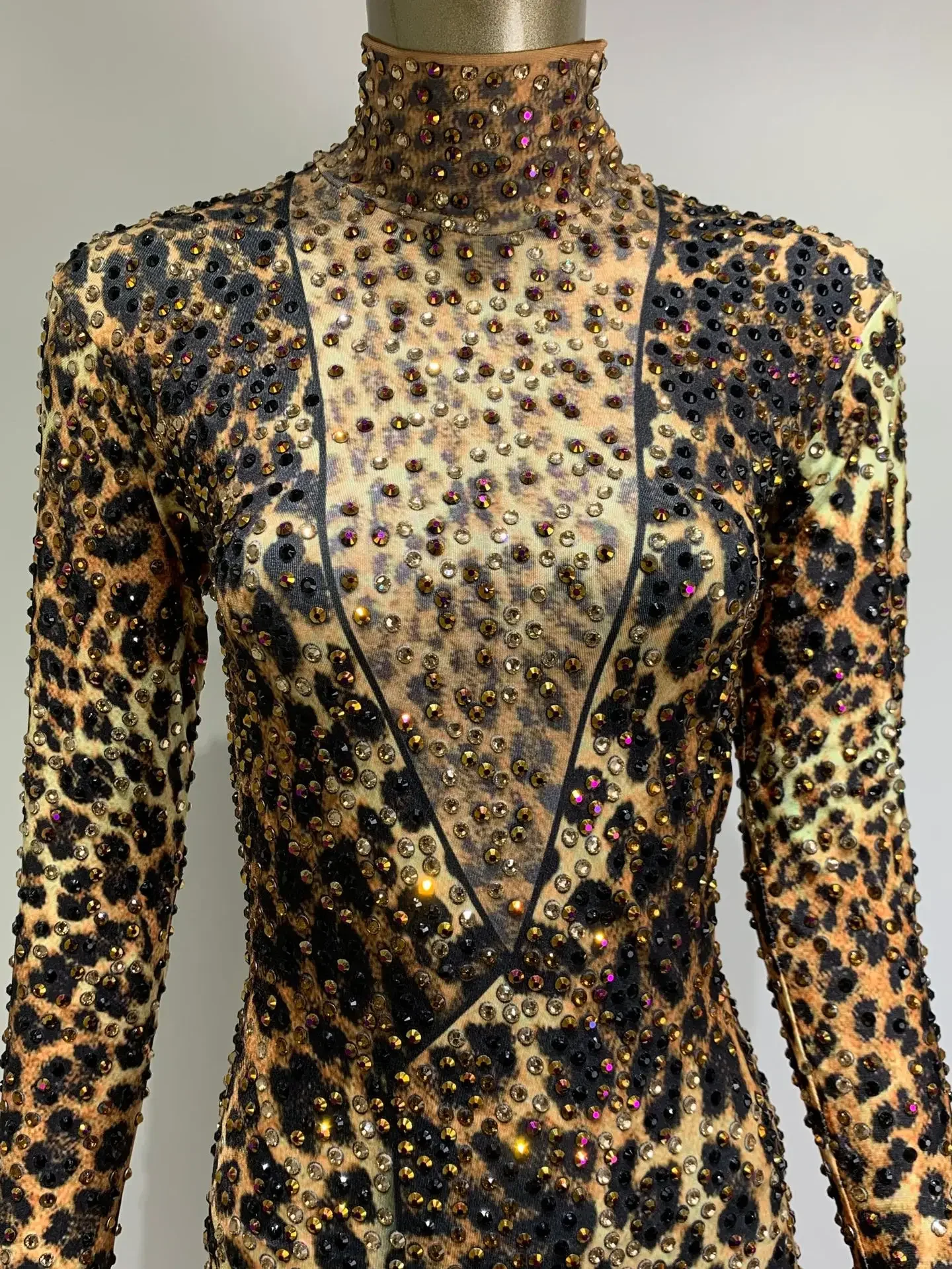 Sexy Leopard Rollkragen High Street Overall Frauen 2024 Nachtclub Strass Dance Performance Kostüm Feiern Bühne Tragen