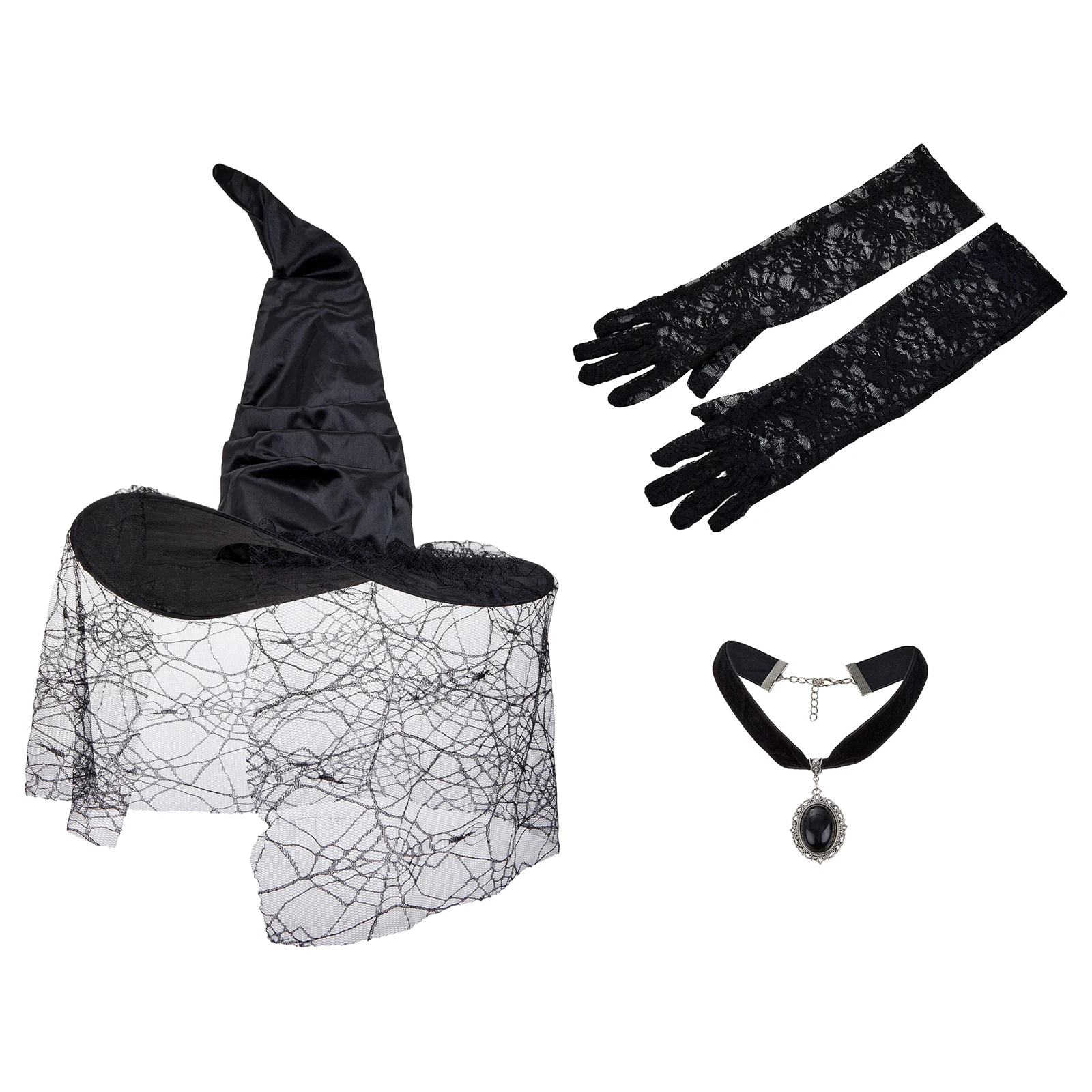 Halloween Witch Costume Set for Women Black Cat Ears Headband Velvet Cape Witch Broomstick Cosplay Outfit Accessories