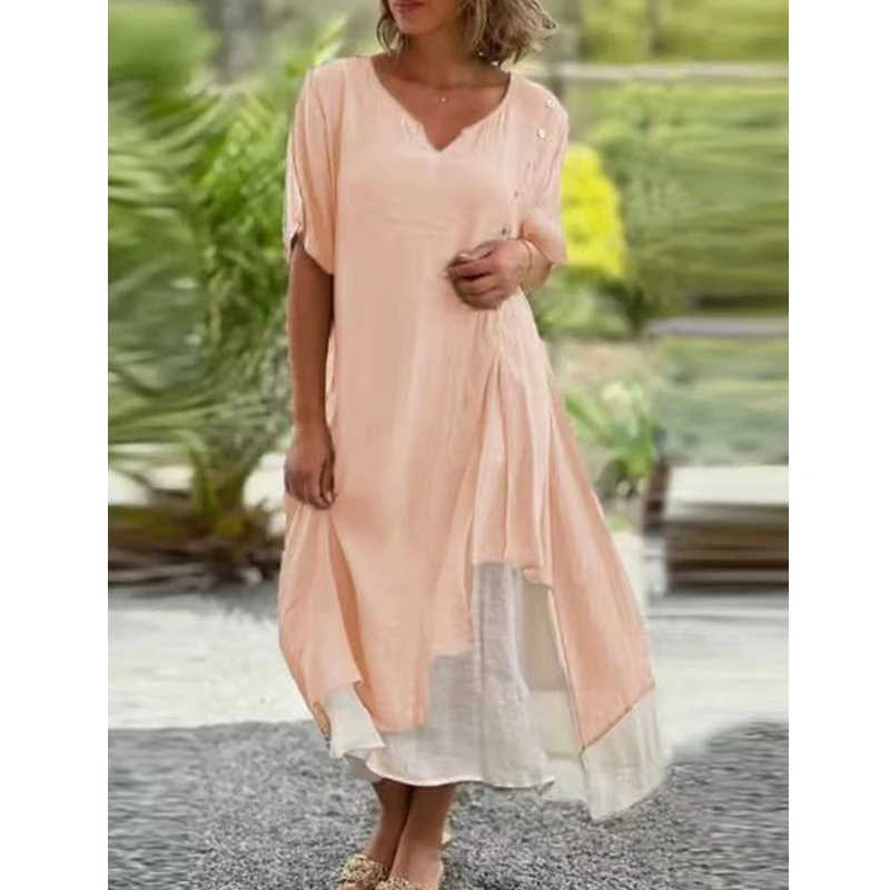 Imagem -04 - Patchwork Assimétrico Feminino com Renda Vestido Midi Robe Solto Decote em v Manga Curta Roupa Casual Praia Vintage Verão 2023