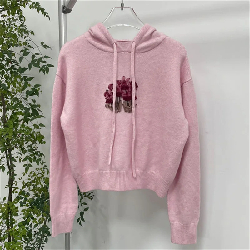 Mulher sweatshirts 2024 outono nova flor bordado camisa com capuz mistura de lã feminina manga comprida topo elástico fino ajuste pulôver