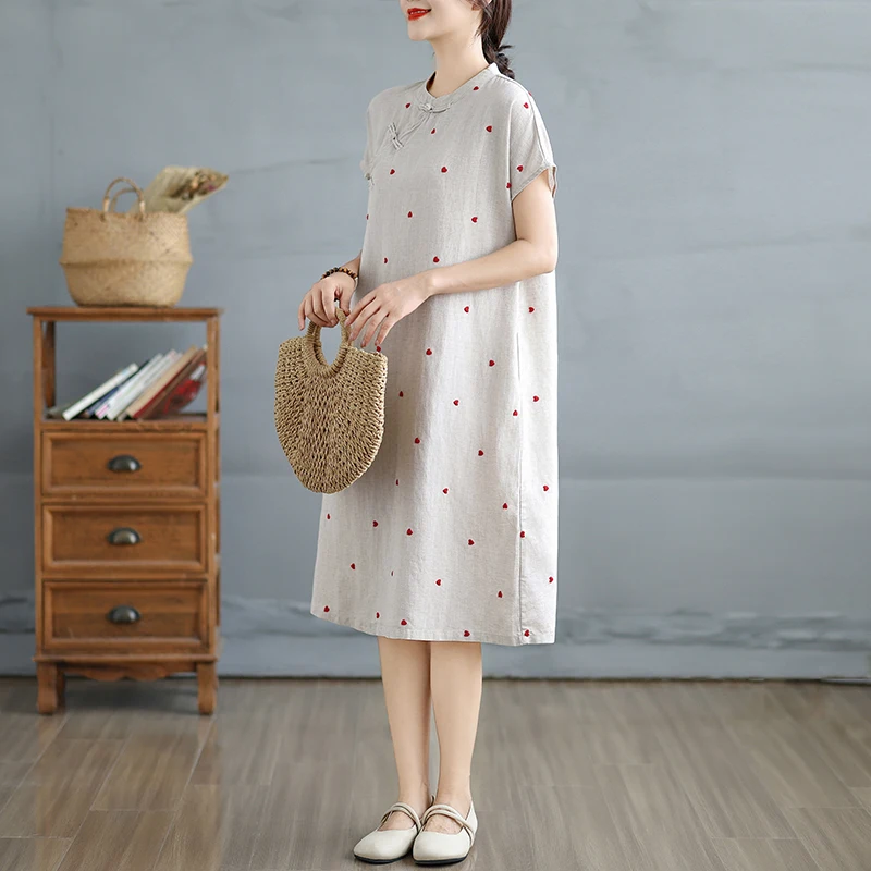 Original Design Summer Cotton Linen Moon Sve Button Dr Small Heart Print Casual Loose Fit mid Length Skirt Sle
