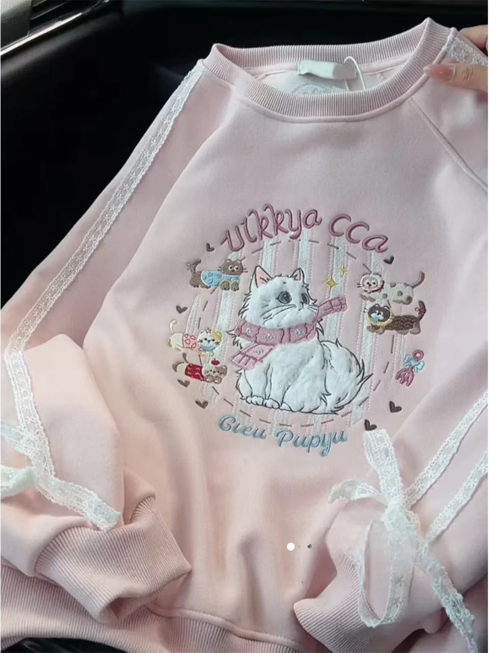 

Thiened Heavy Work с мультяшной вышивкой, розовый кружевной свитшот, женский зимний круглый Ne Long Sve Hatl, топ Sweet Sle