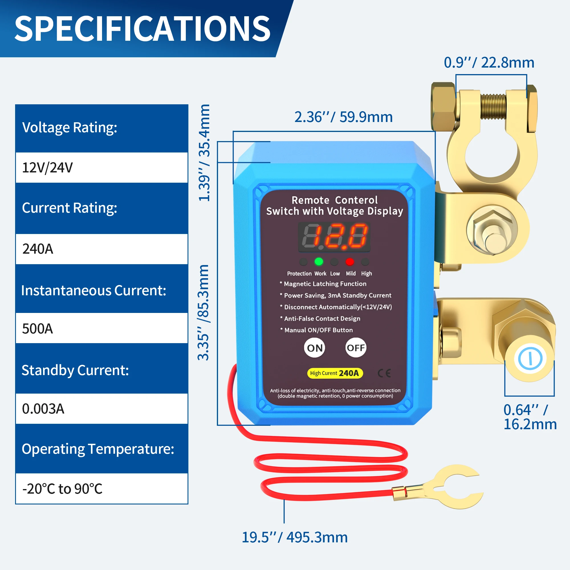 DaierTek 240A Kill Switch 12V Remote Battery Disconnect Switch with Led Voltage Display Automatic Power Shut Off Switch for Auto