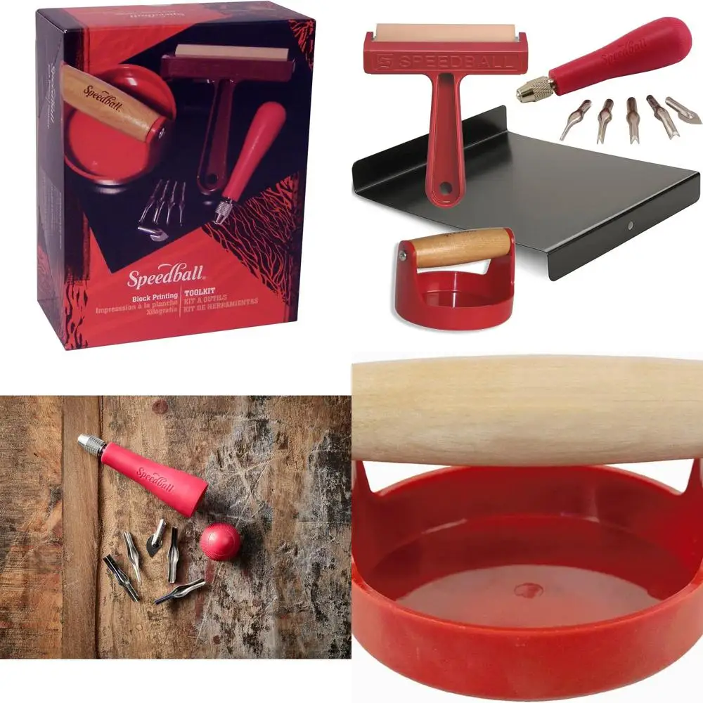 

4-Piece Speedball Block Printing Kit: Carving Tool, Brayer, Baren, Bench Hook - USA Made