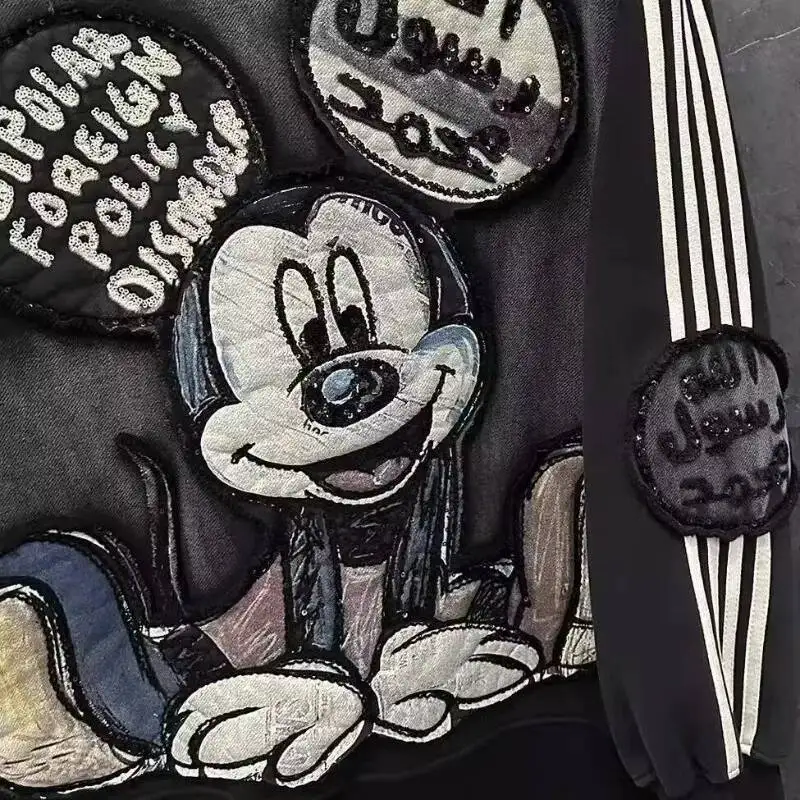 Herfst Winter Oversized Hoodie Vintage Hot Stamping Heavy Craft Mickey Patch Borduren Sweatshirt met lange mouwen en capuchon Tops