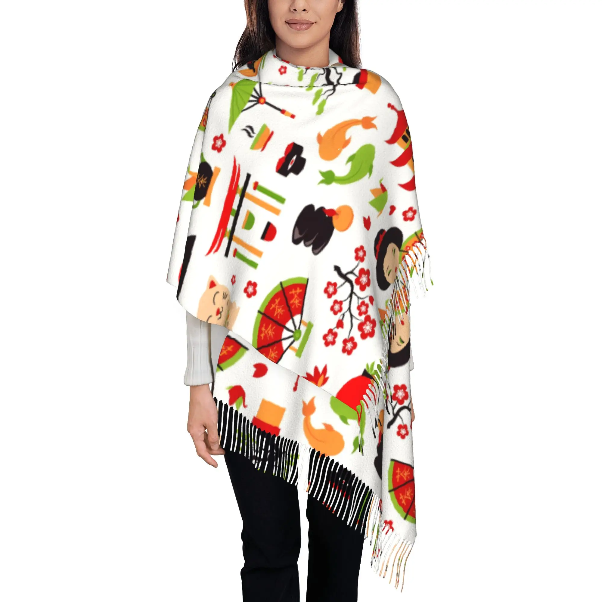 Custom White Japanese Geisha Lucky Cat Scarf Wrap for Women Long Winter Warm Tassel Shawl Unisex  Scarves