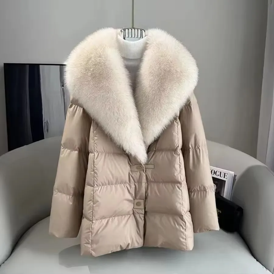 2025 inverno novo temperamento de comprimento médio branco ganso puffer parkas feminino pele de raposa destacável grande lapela pele para baixo jaqueta alta qual