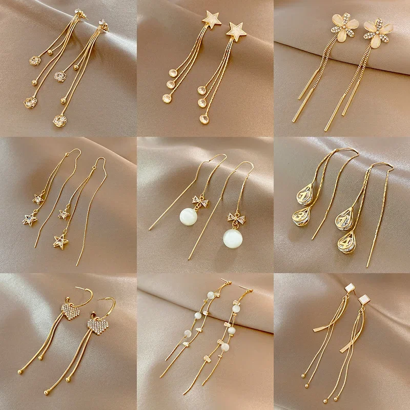 Korean Gold Color Long Tassel Earrings For Women Trend Crystal Butterfly Heart Flower Dangle Earring Elegant Lady Custom Jewelry