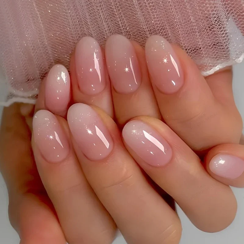 

24Pcs Short Oval Gradient Pink Press On Nails Glossy Finish Full Cover False Nails for Women&Girl Removable Wearable Nail Art