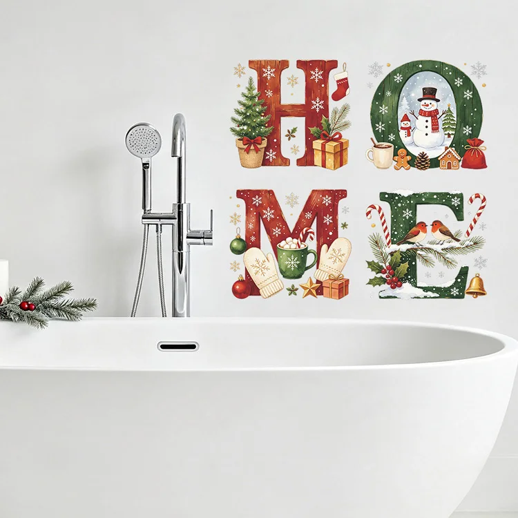 Weihnachten Zuhause Englische Wandaufkleber Schneemann Weihnachtsbaum Raumdekoration Wandbild Küche Restaurant für Neujahrsdekoration Aufkleber – Detail 6