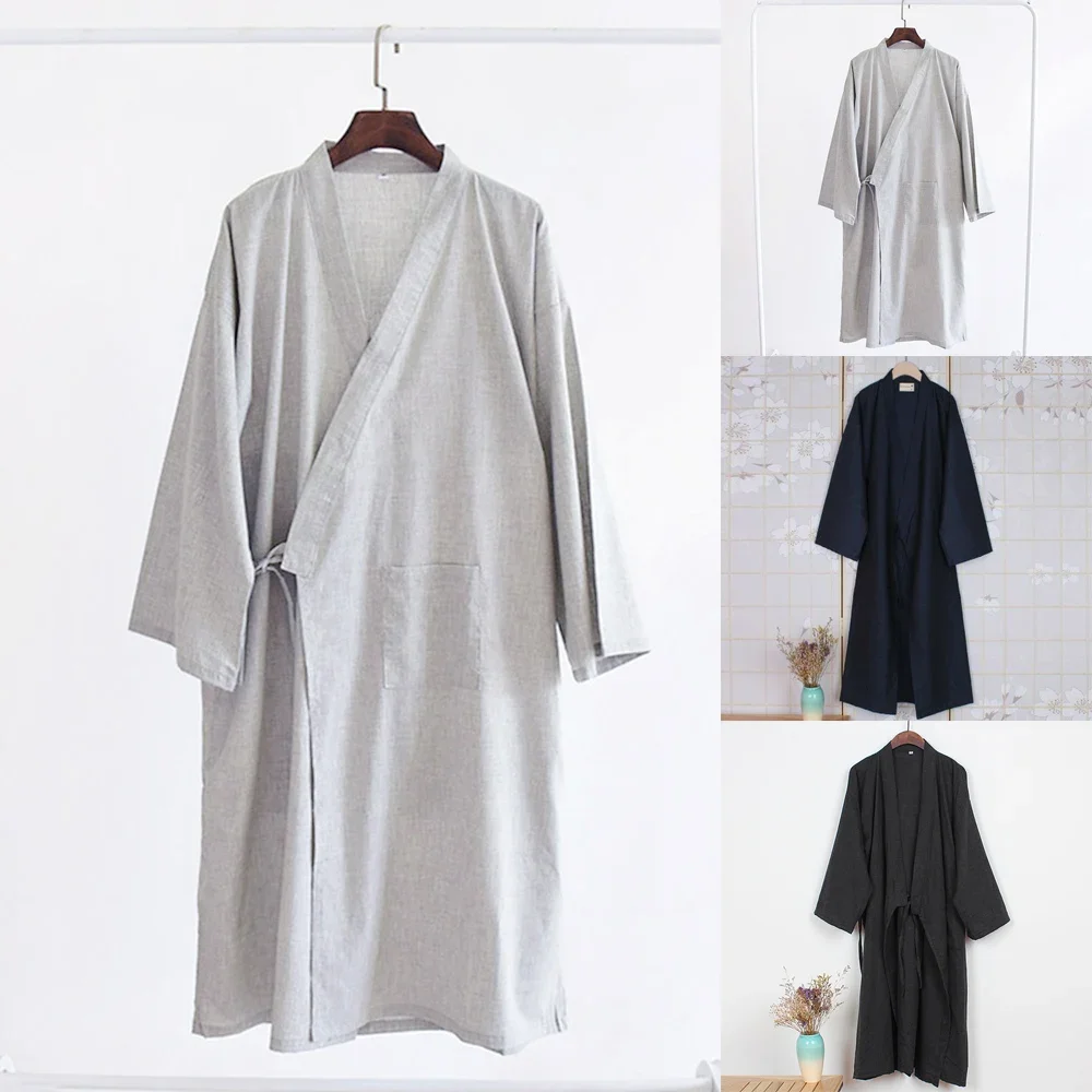 Men Casual Japanese Soft Sleep Kimono Classic Yukata Long Bathrobe Solid Color Comfortable Pajamas Belt Cotton Home Soft Robe