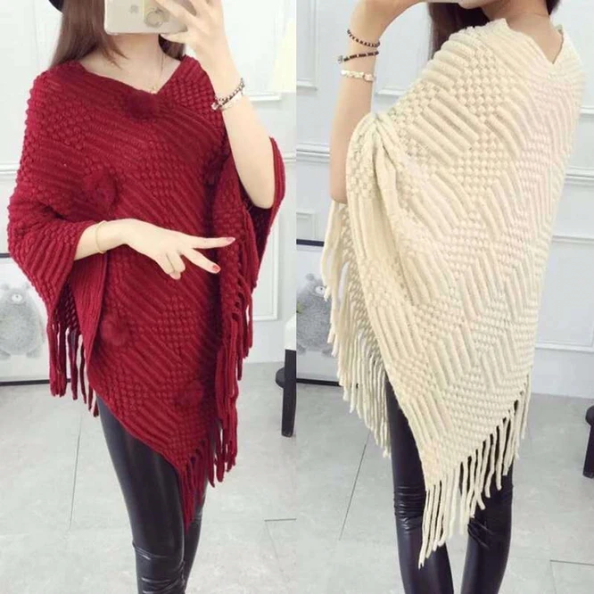 Spring Autumn Tassel Shawl Female Cloak Wool Ball Sweater Coat Loose V-neck Girl Warm Fashion Leisure Khaki Shawl Wrap Sweater