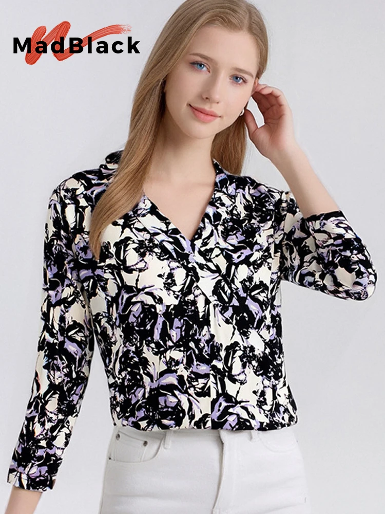 MadBlack-25%Silk 75%Viscose Elegant Knit T-Shirt, 3/4 Sleeve Print, Women Fashion Breathable Loose Top, 2026 Summer New T66153CC