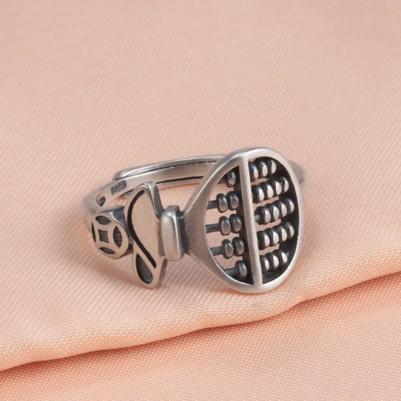 

100% S925 sterling silver coin abacus ring female retro matte matte live mouth adjustable ethnic style jewelry