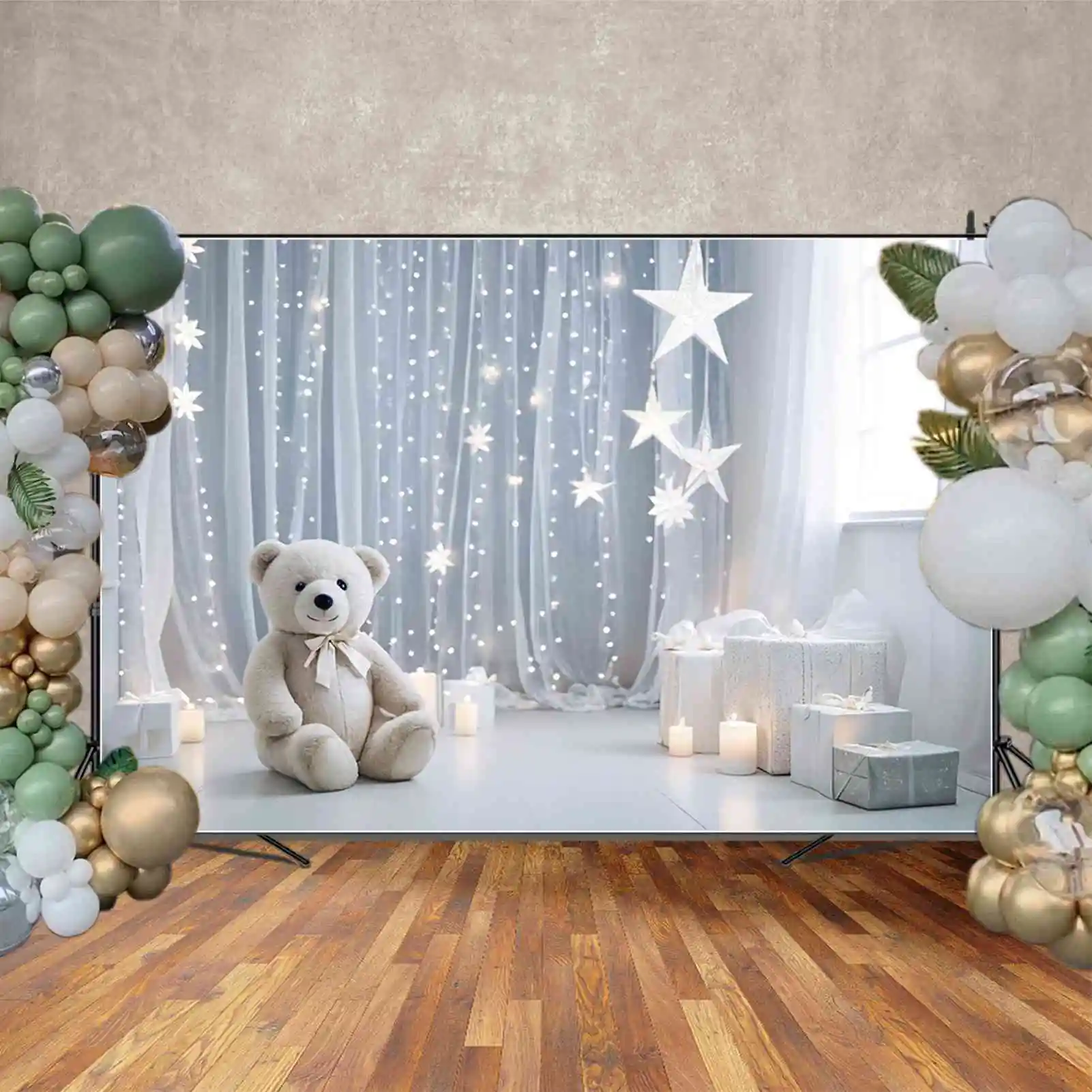 Moon.qg สีฟ้าสีขาวผ้าม่านวันเกิด1ปีพื้นหลังเด็กผู้ชายหมีเท็ดดี้ draping ผ้าบอลลูนฉากหลังปาร์ตี้ที่กำหนดรูปถ่ายอุปกรณ์ประกอบฉาก