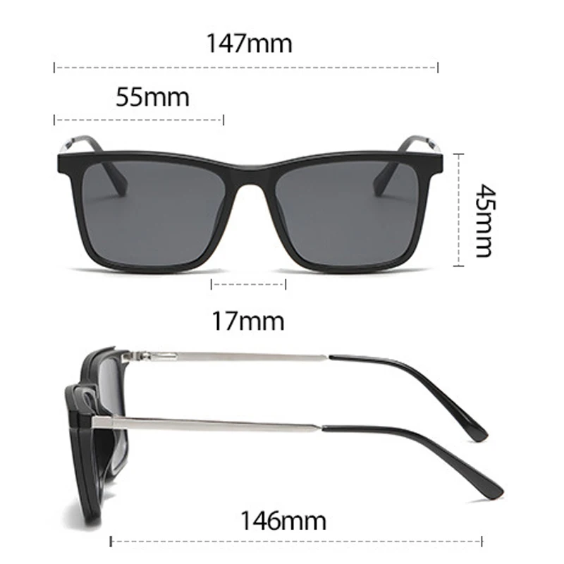 VCKA 6 In 1  Myopia Sunglasses Square Men Women Magnet Clip Polarized Optical Custom Prescription Eyewear Glasses Frame -0.5~-10