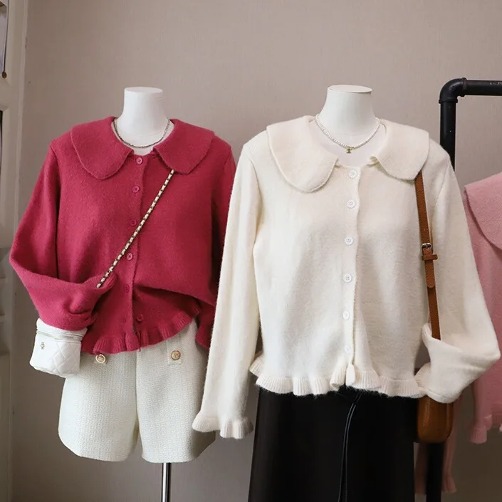 

Sweet Pink Knitted Open Cardigan Women's Early Autumn Small Size Doll Collar Loose Top Earlet Lace Trim Long Sve Sweater