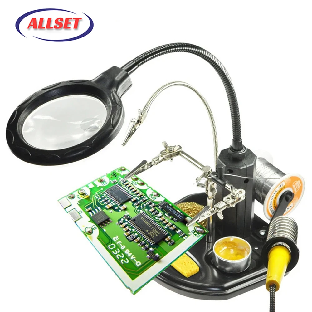 

PCB Board Circuit Fixed Clip 360 Degree Flexible Arm Soldering Third Hand Magnifier Glass LED Soldering Iron Holder Repair Tools