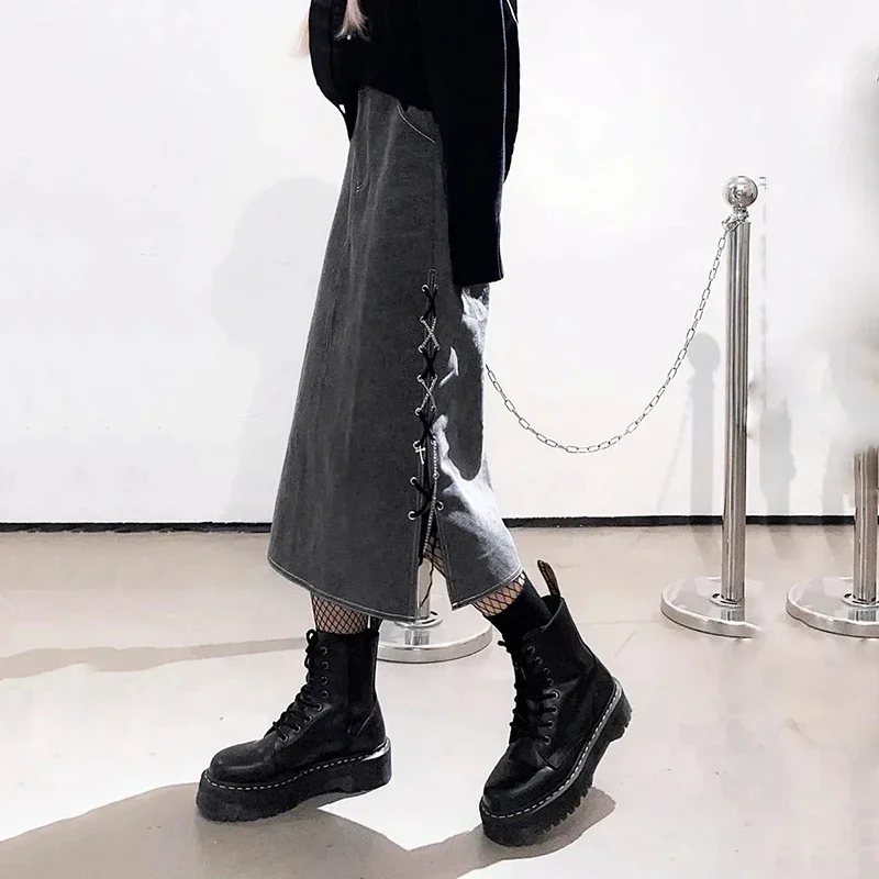 

New Vintage Gray Denim Skirts Woman Y2K Streetwear Lace Up Design Side Split Skirts Korean Chic High Wiast Long Skirt Women 2024