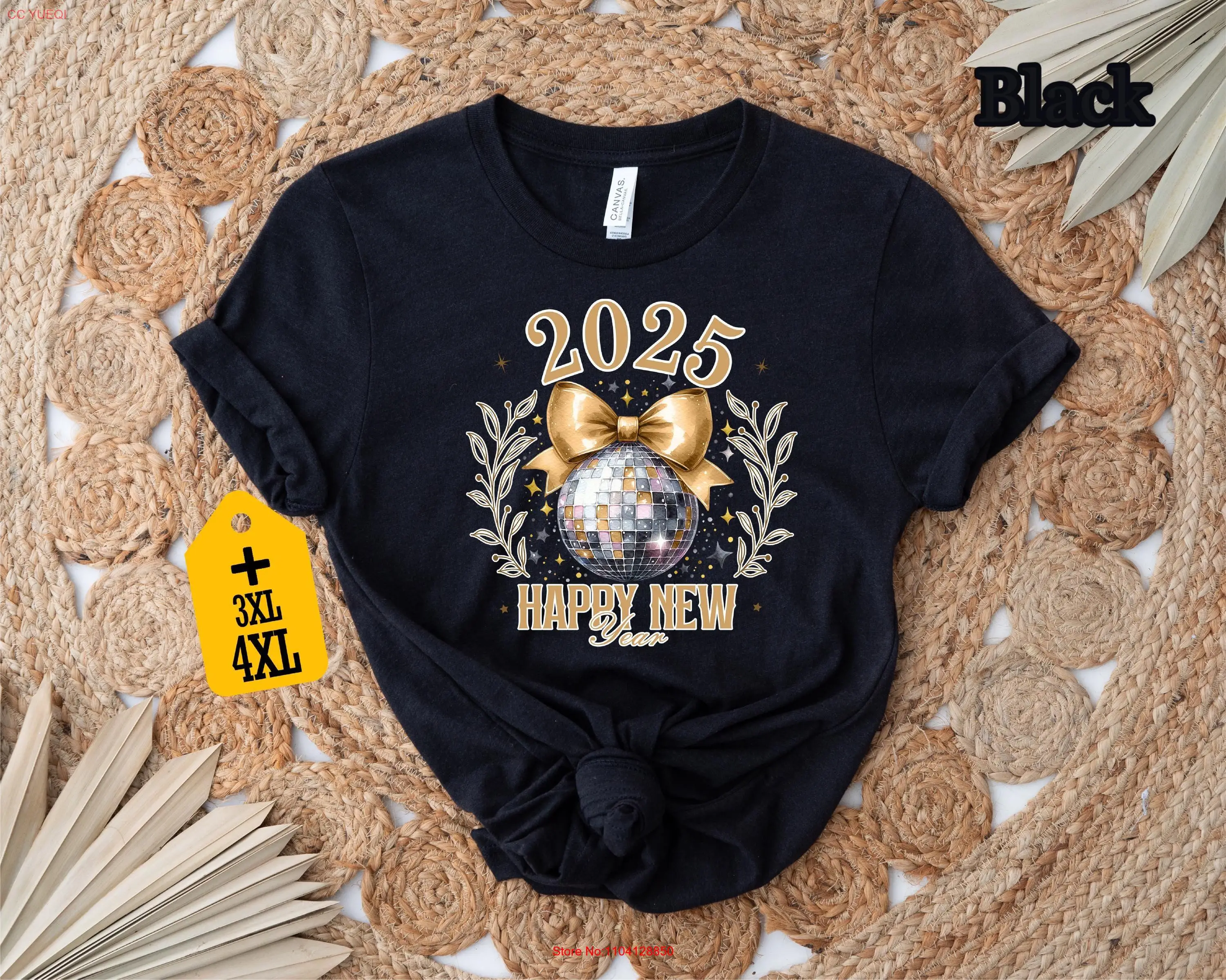 New Year 2025 Glitter Coquette Bow T Shirt Year's Party Disco Ball Eve Celebration long or short sleeves