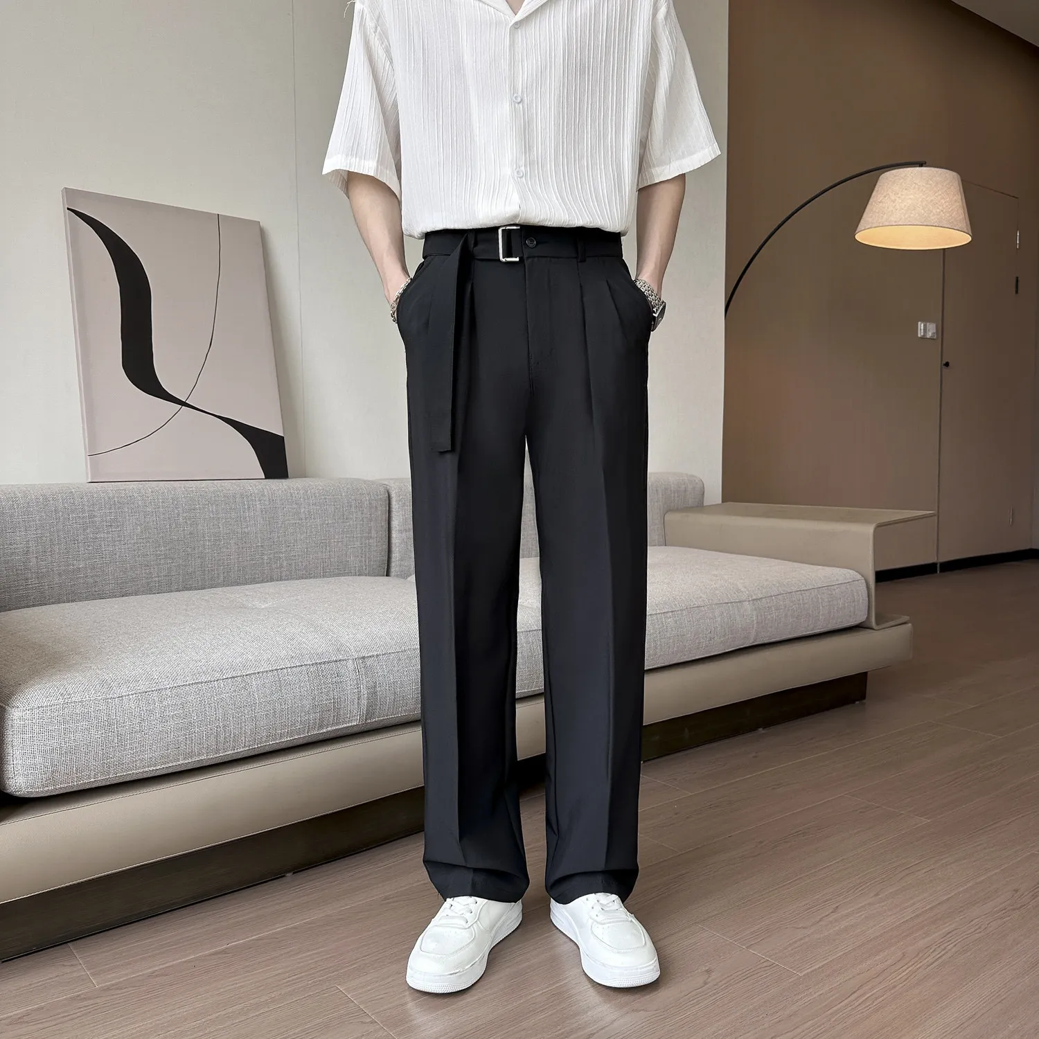 Spring Summer Straight Leg Suit Pants For Men Korean Casual Fashion Simple Ice Silk Anti Wrinkle Male Pleated Commuting Trousers