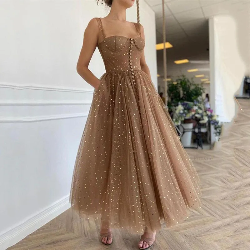 Glittering Stars Sequined Homecoming Dresses 2024 Charming Short Prom Dress Ankle Length A-Line Starry Tulle Party Dress