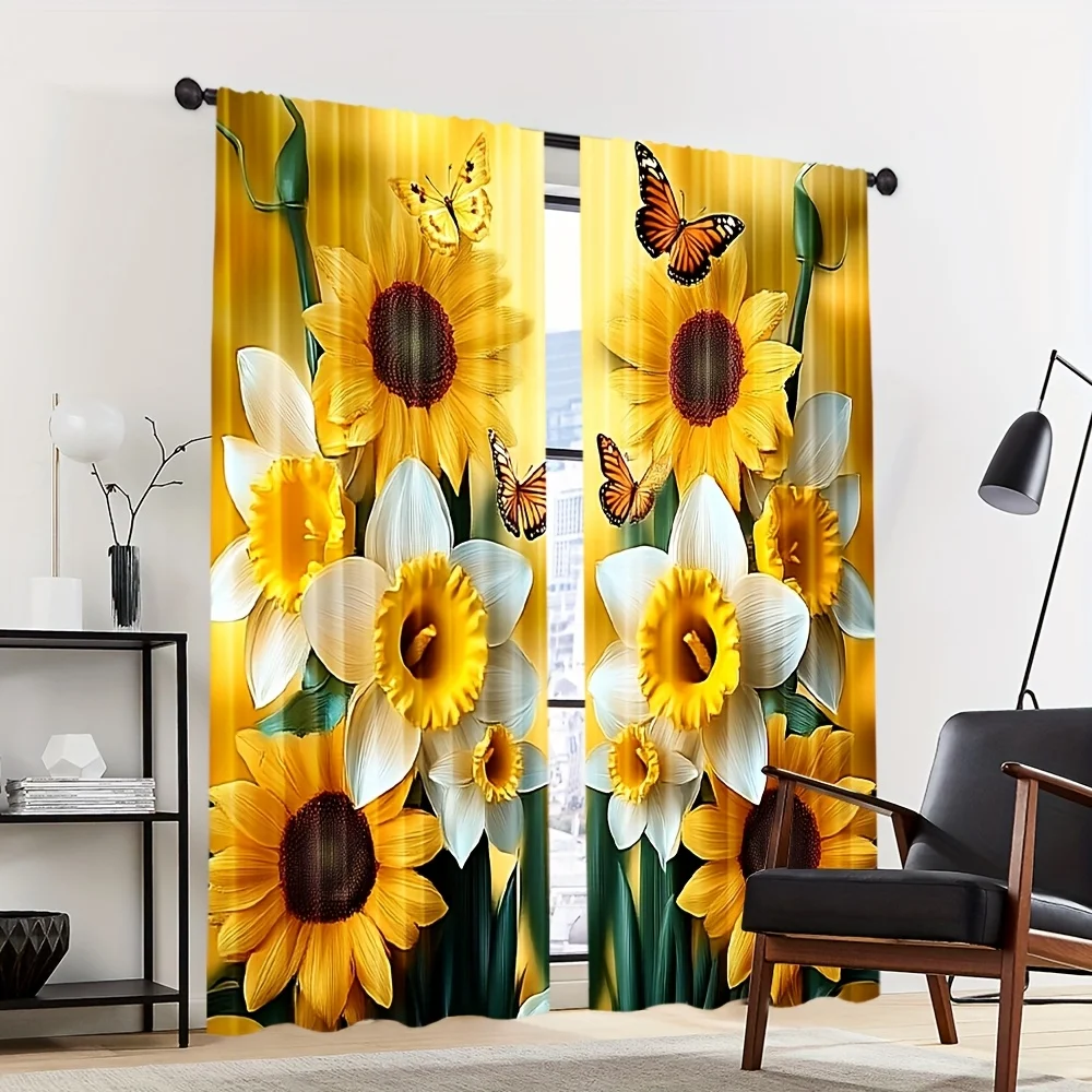 Vibrant Sunflower Floral Curtain Panels for Living Room Home Decor Yellow Botanical Sunlight Window Treatment
