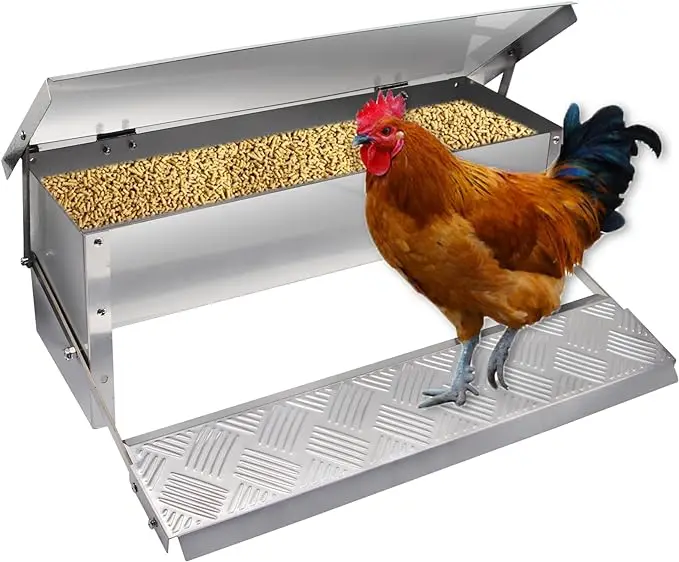 Automatic Chicken Feeder No Waste Treadle 11lb Stainless Steel Poultry Feeder with Weatherproof Lid for Chicken Pheasants Ducks