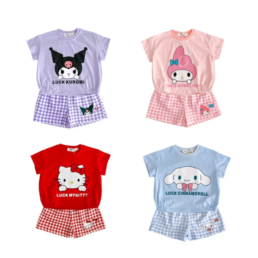 

Sanrio Kawaii Hello Kitty T-shirt Kuromi My Melody Cartoon Cute Children Print Short Sleeve Casual T-Shirt Pants Set Kids Gift