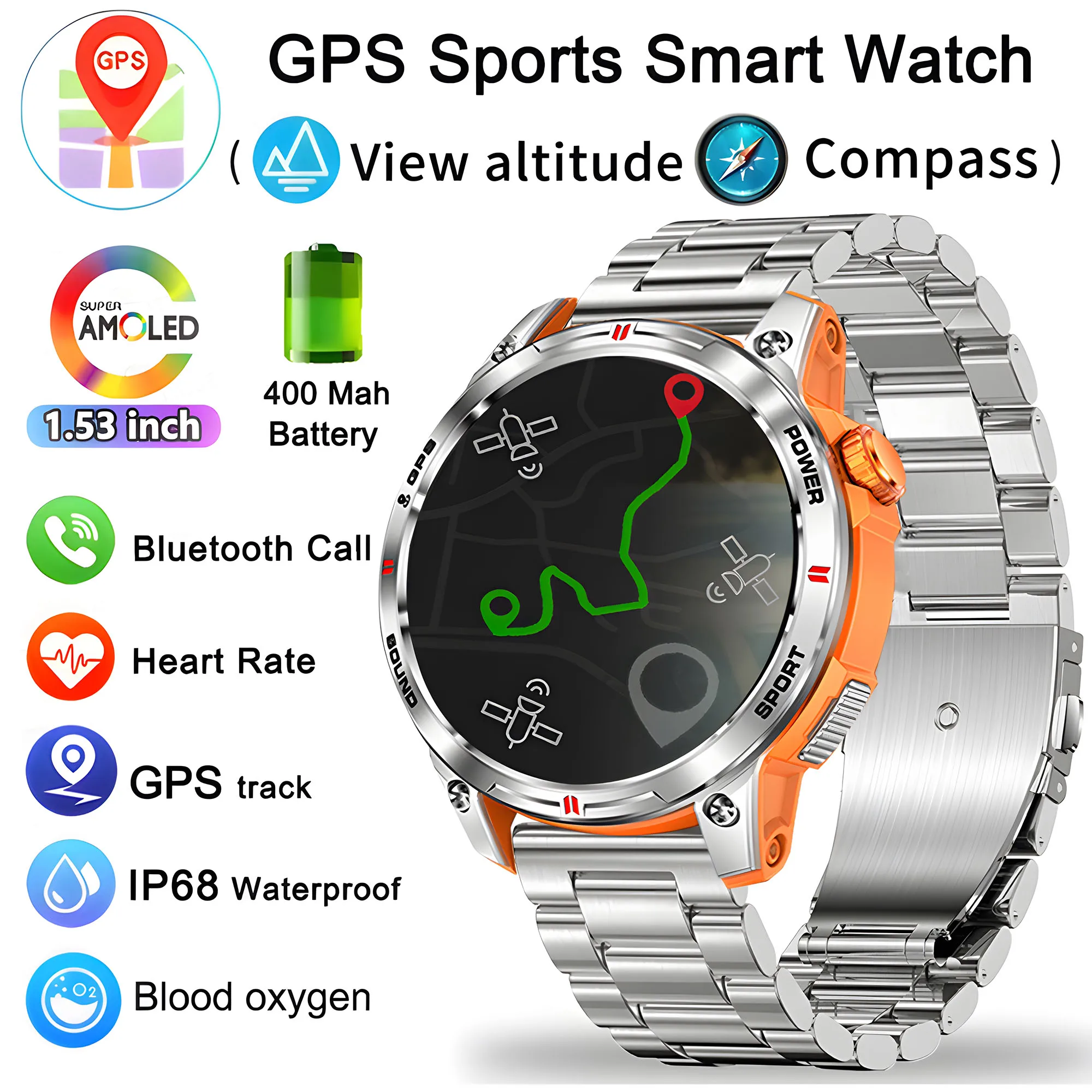 New GPS Smart Watch Men Outdoor Sports Waterproof Fitness Heart Rate Blood Pressure Compass BT Call Smartwatch for Huawei Xiaomi