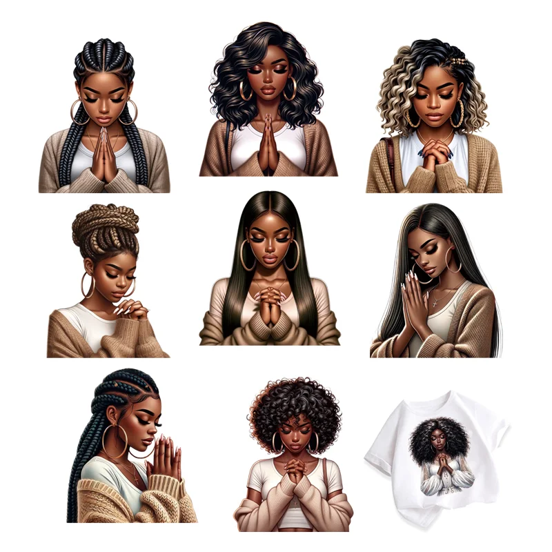 Popular Black women in Prayer printing for clothes patches heat transfer stickers DIY Sewing Decoration stripes appliques