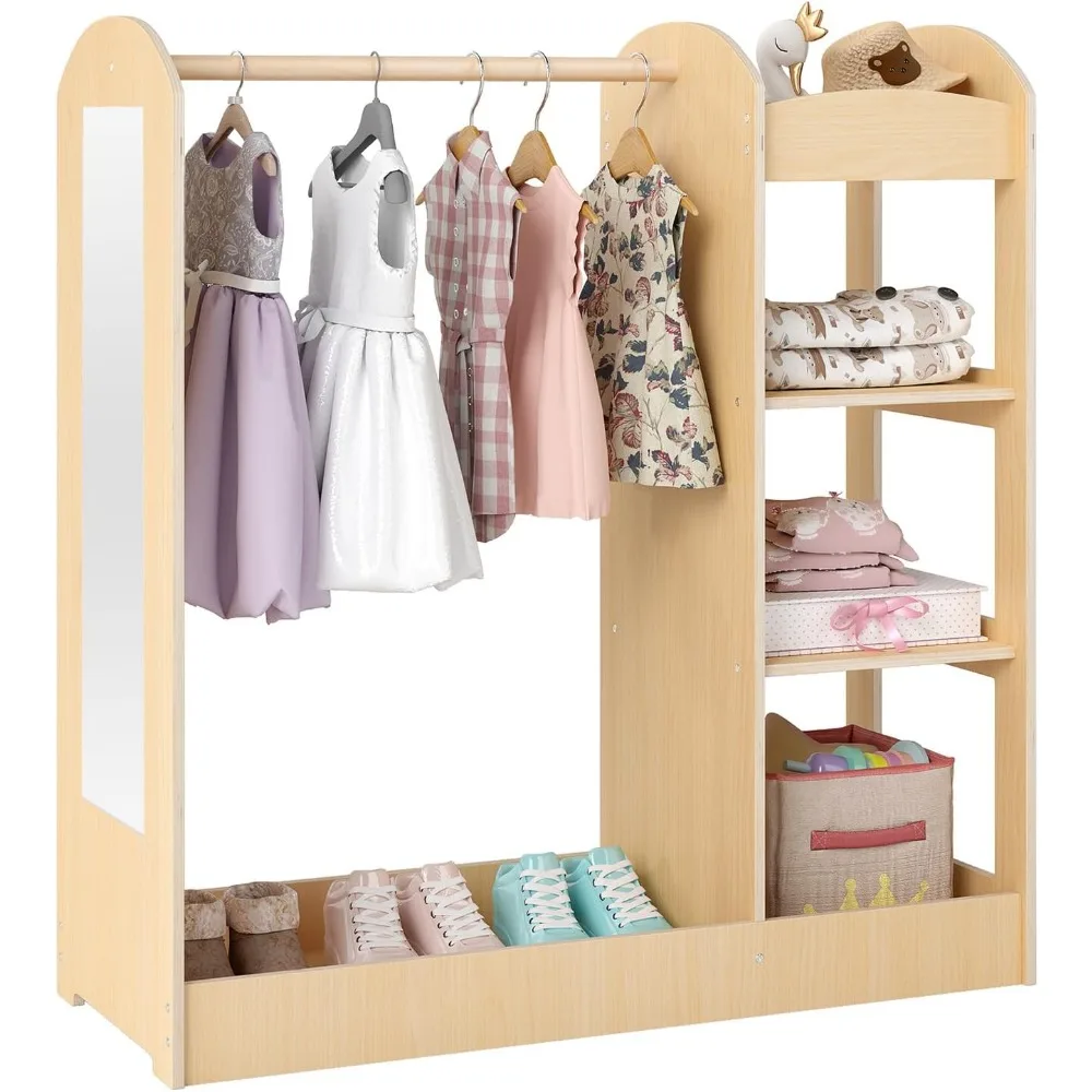 

Kids Dress up Storage with Mirror, Clothes Rack, 3-Tier Shelves, Bottom Tray, Pretend Play Costume Dresser Organizer Center
