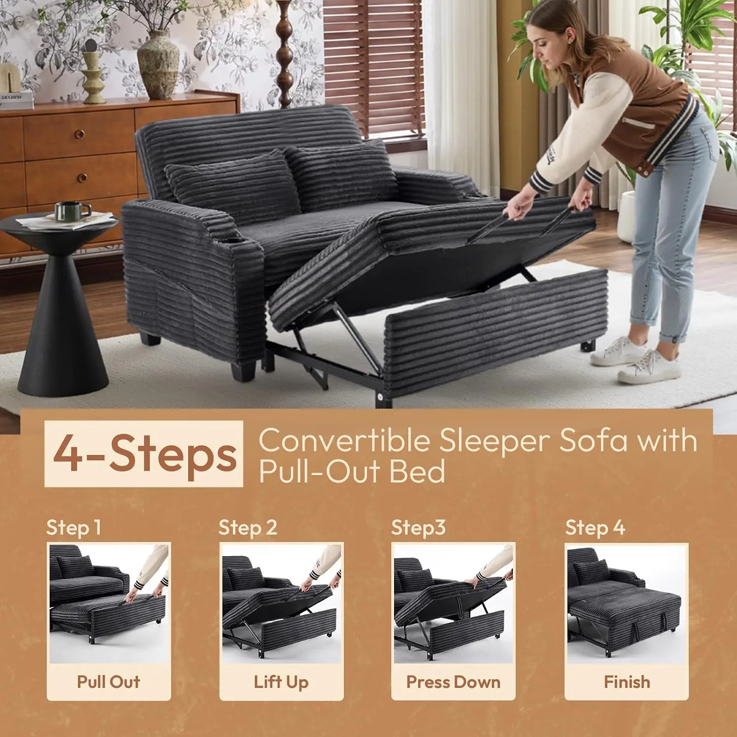 Dark Gray Futon Sofa Bed Convertible Loveseat Sleeper Sofa Couch, Corduroy Pullout Sofa Fold Out Couch Bed with USB, Customized